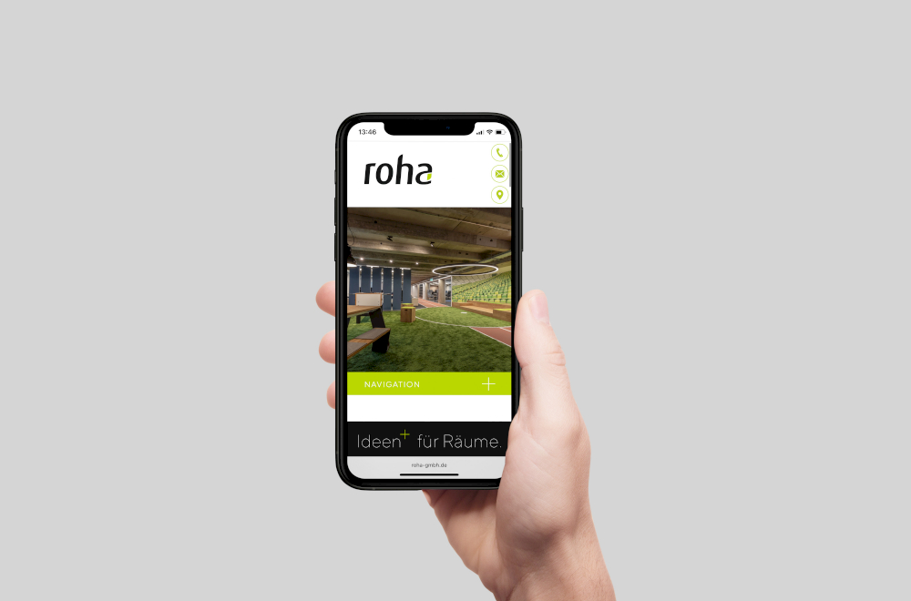 Responsive Website von roha Büro- und Objekteinrichtung auf einem Mobilgerät