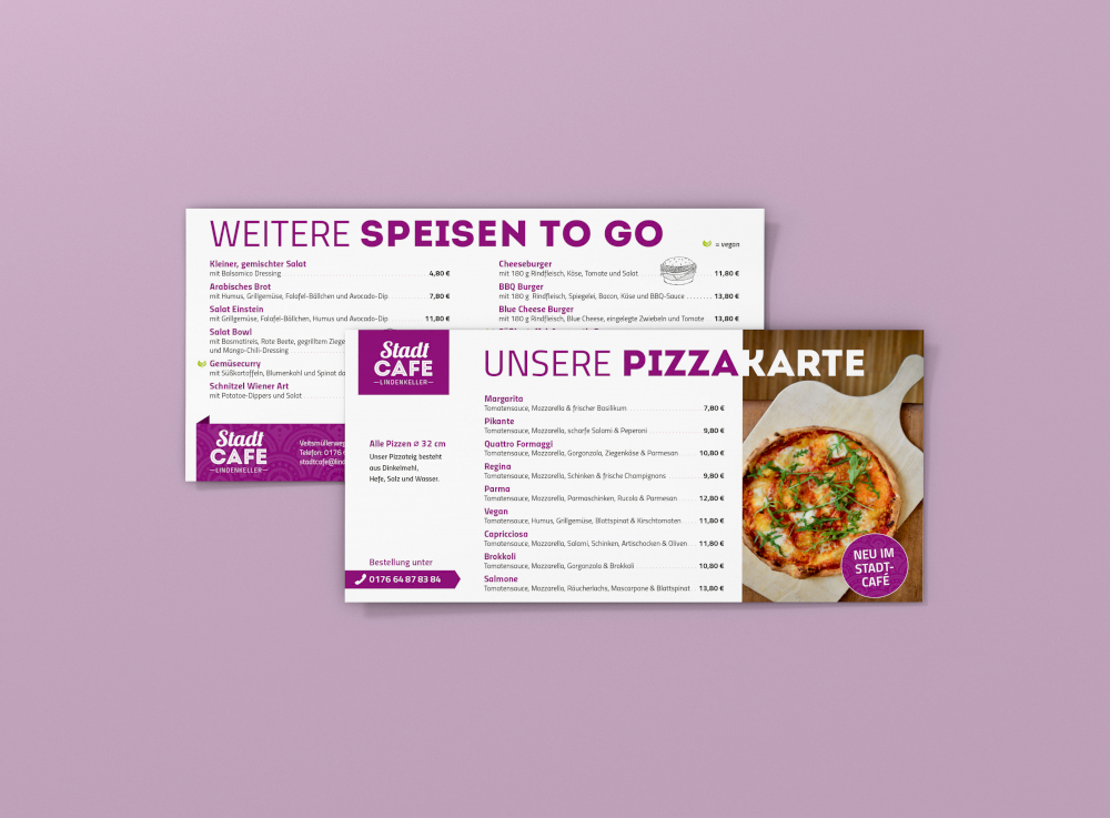 Flyer mit Printdesign von typneun: Pizzakarte und Speisen to go vom Stadtcafé in Freising.