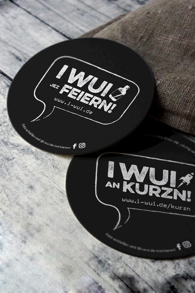Personalisierte Bierdeckel mit Printdesign der bayerischen Marke I WUI