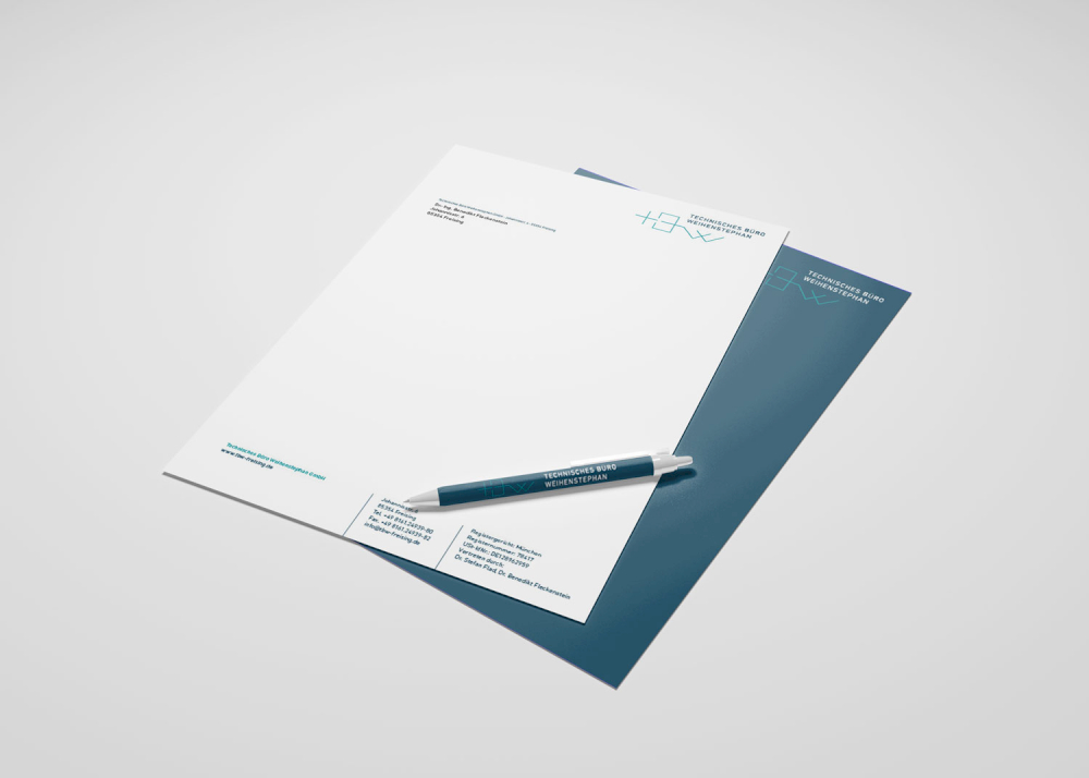 Von typneun designtes Briefpapier mit Logo und Kontaktdaten vom Technischen Büro Weihenstephan